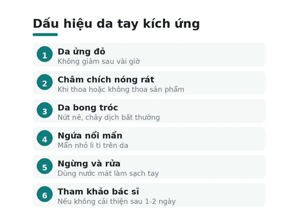 Dấu hiệu nào cho thấy da tay bị kích ứng cần dừng ngay?